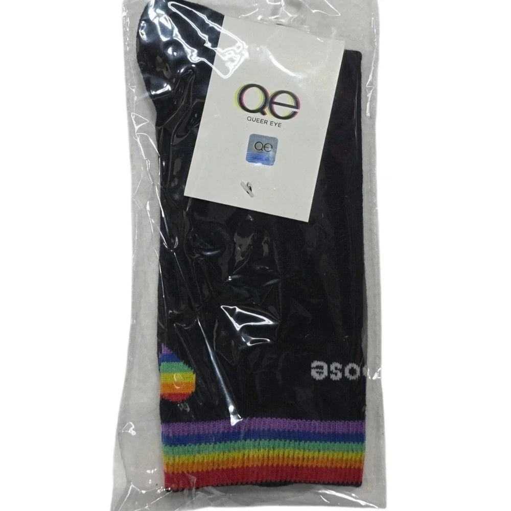 Queer Eye Socks Unisex OS Black Rainbow Pride Crew Ribbed NWT